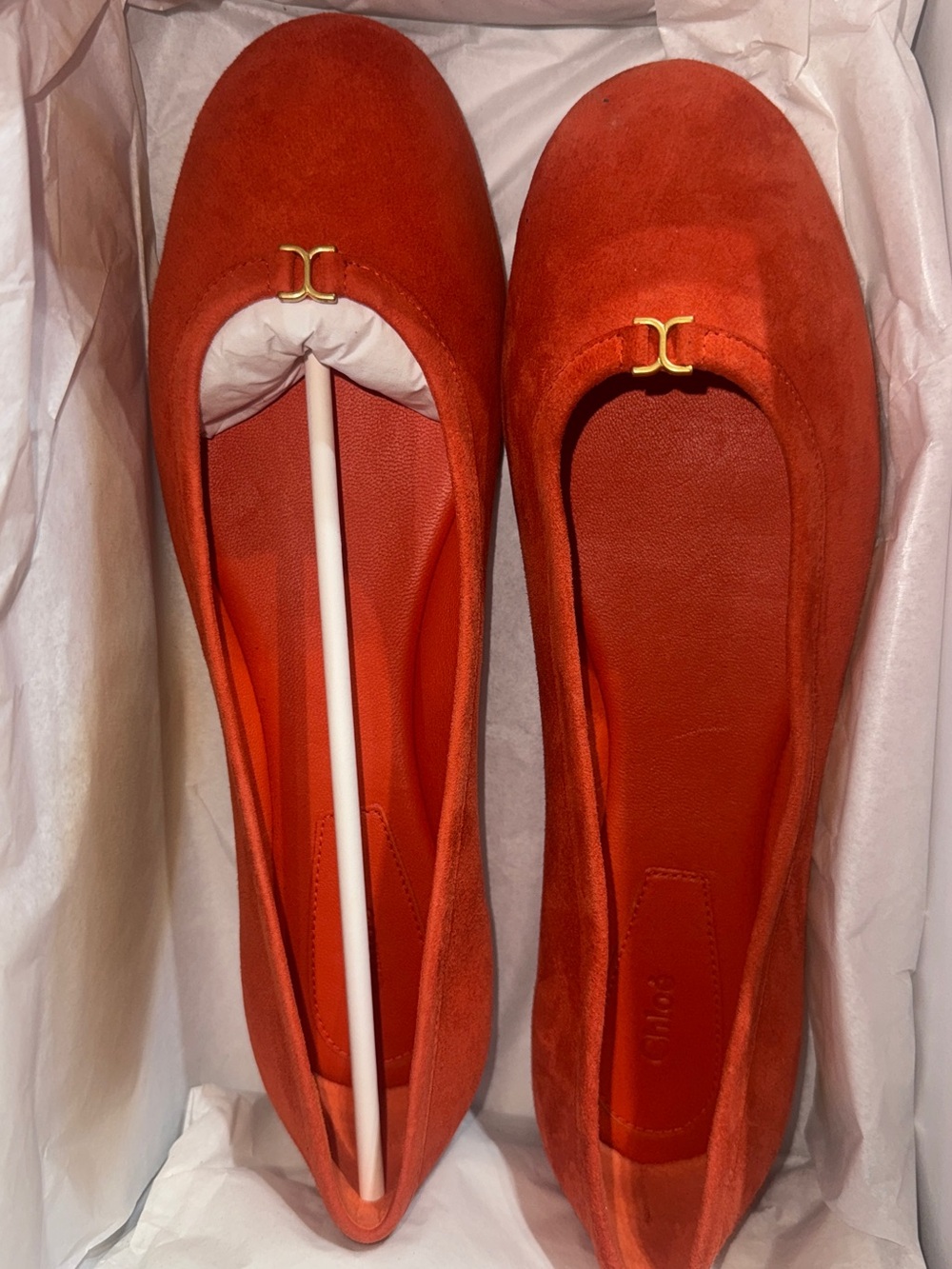 Chloe Orange Suede Ballet Flats with Gold Hardware